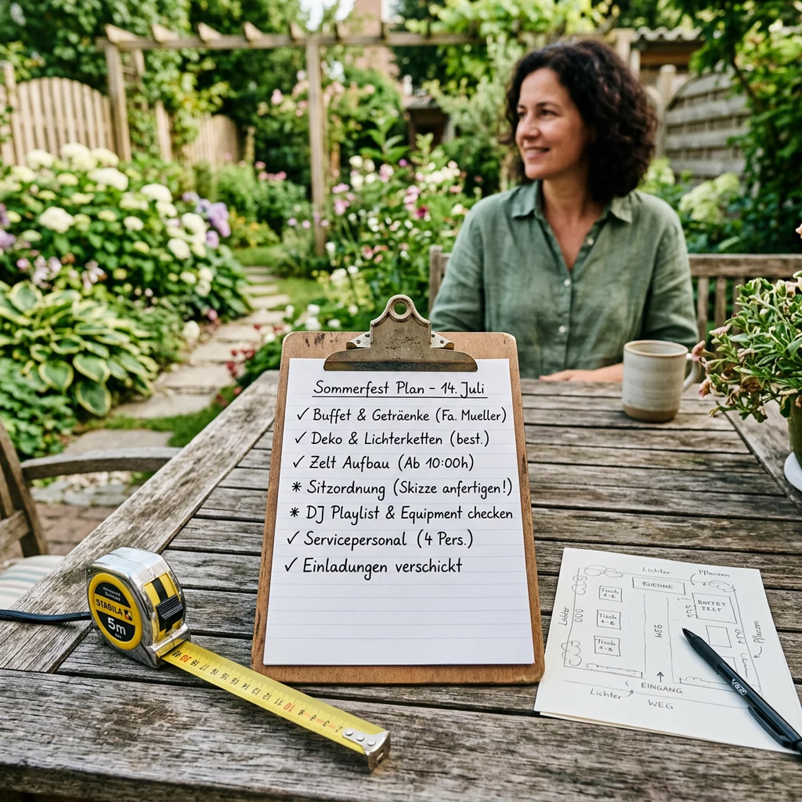 Klemmbrett mit Eventplanung, Maßband und Gartenskizze auf einem Gartentisch