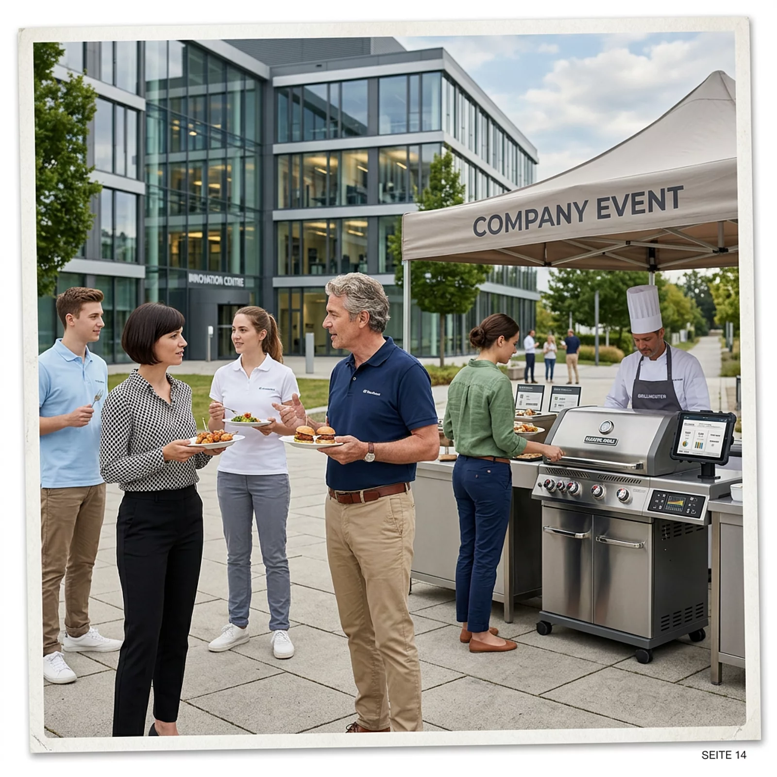 Geschäftsleute mit Tellern bei einem Firmenevent im Freien, Grillstation vor modernem Bürogebäude