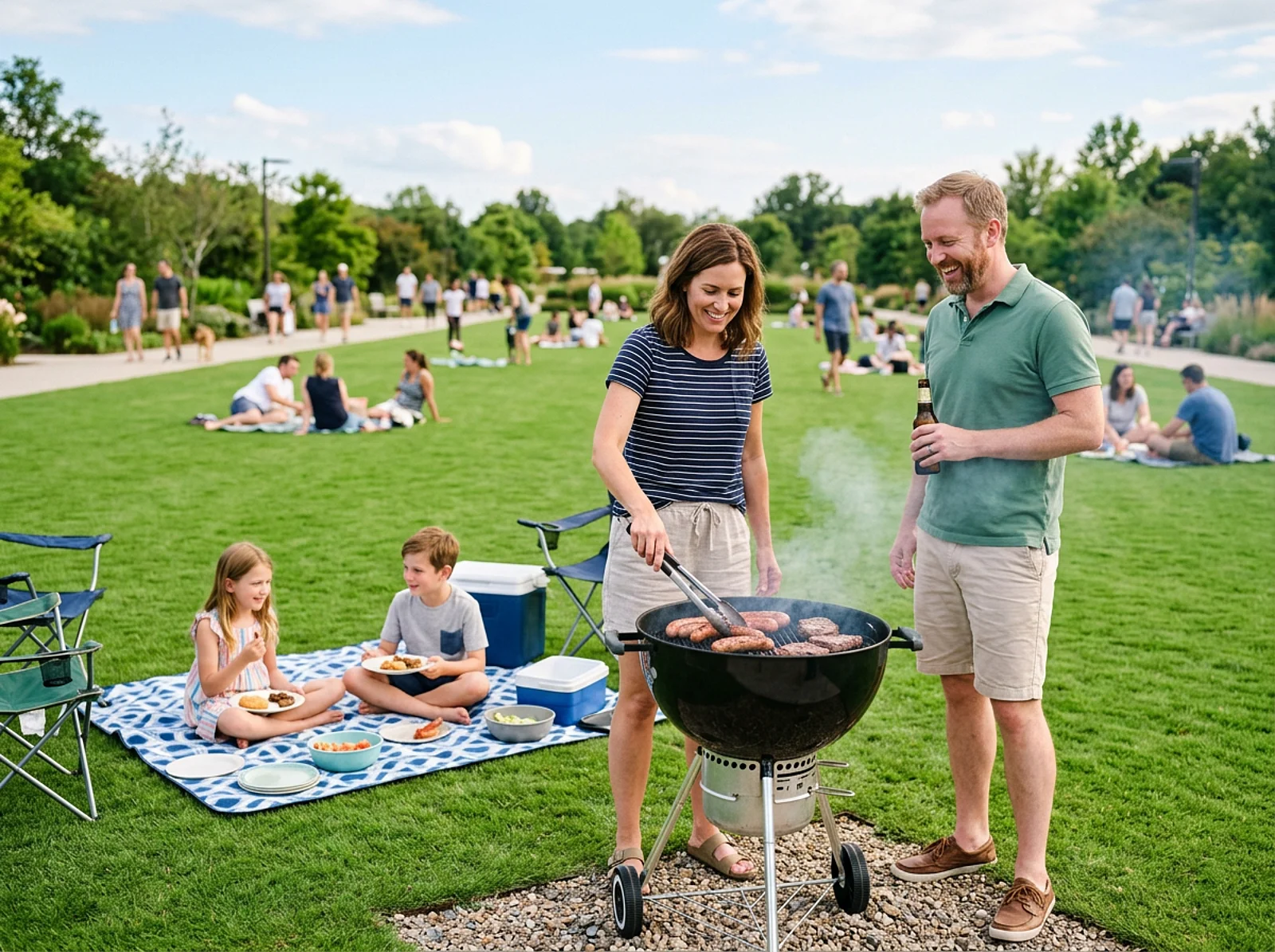Beim Grillen in Bonn wenden zwei Erwachsene Würstchen und Fleisch, während Kinder auf einer Picknickdecke essen.