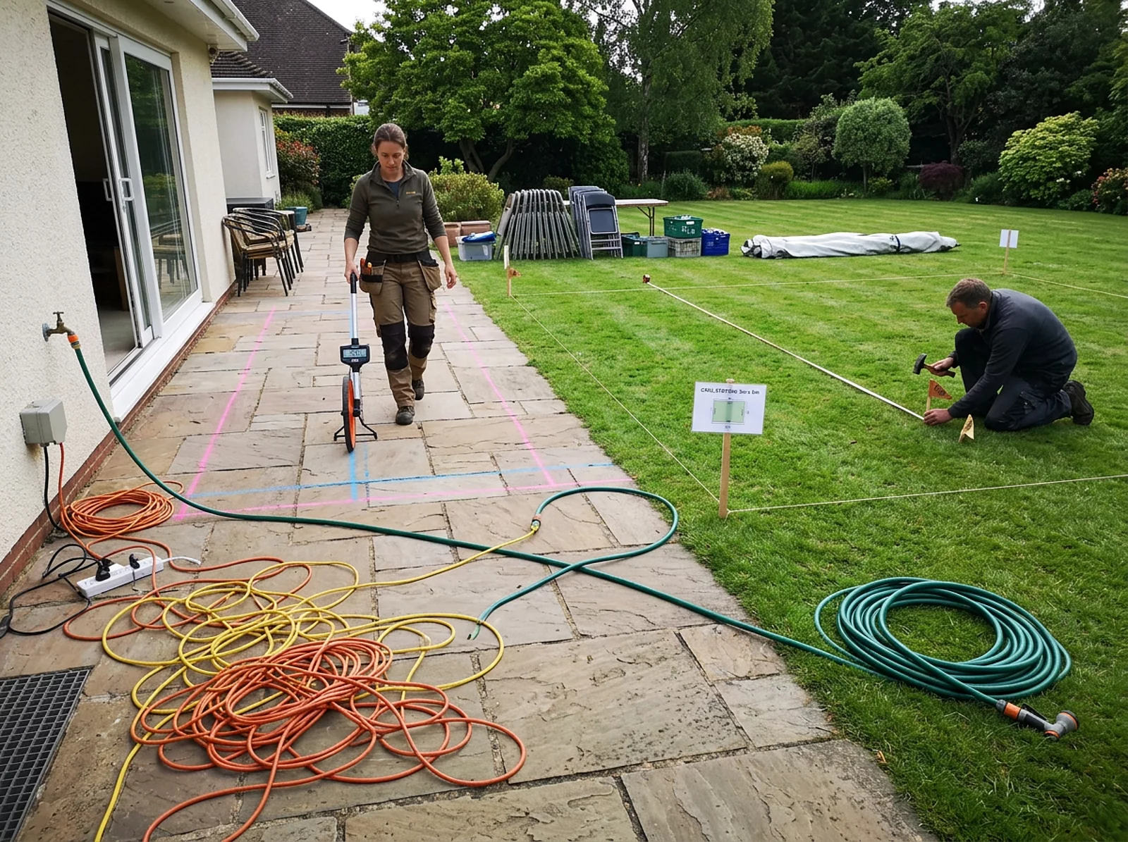 Terrasse und Rasenfläche werden mit Kabeln, Wasserschlauch und Grill-Markierung für eine Veranstaltung vorbereitet.