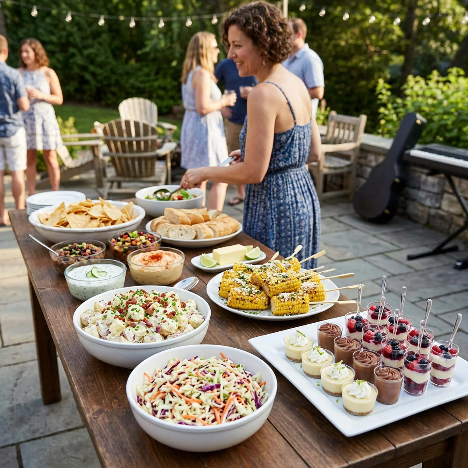 Buffet mit Kartoffelsalat, Krautsalat, Mais, Dips und kleinen Dessertgläsern