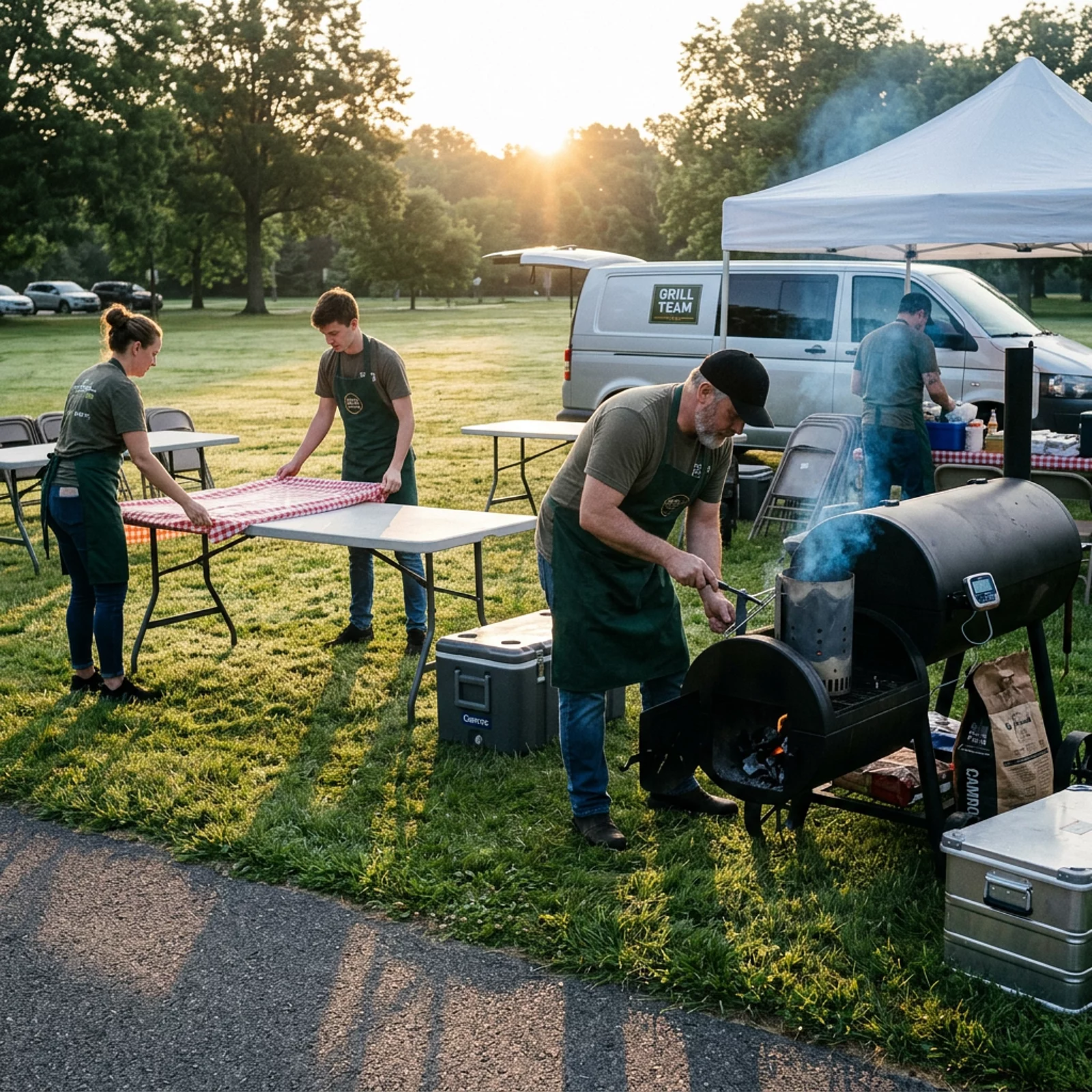 Grillteam baut früh morgens Tische auf und entzündet den Grill vor Veranstaltungsbeginn.