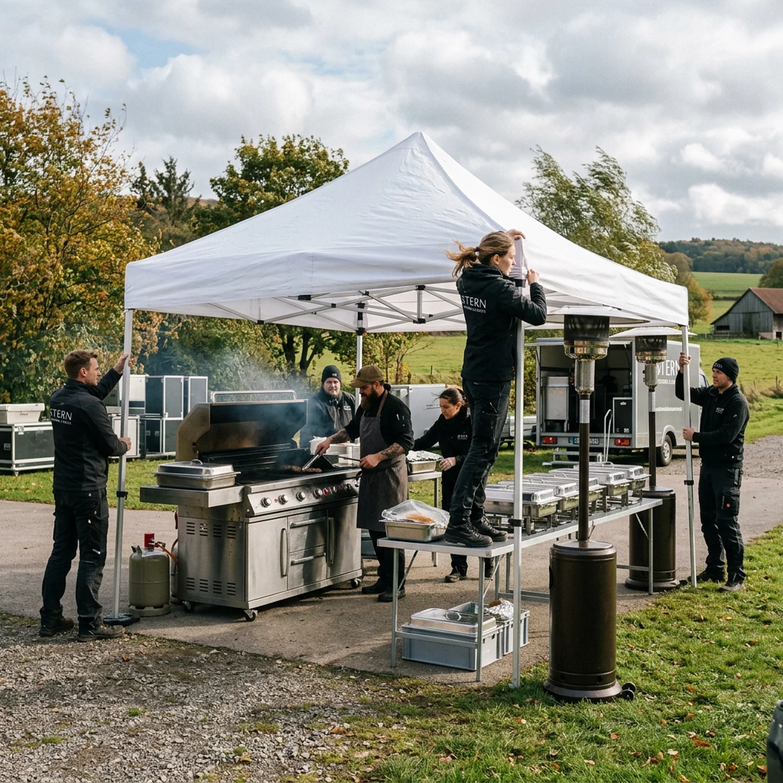Catering-Team baut bei Wind ein weißes Faltzelt über einer Grillstation auf.