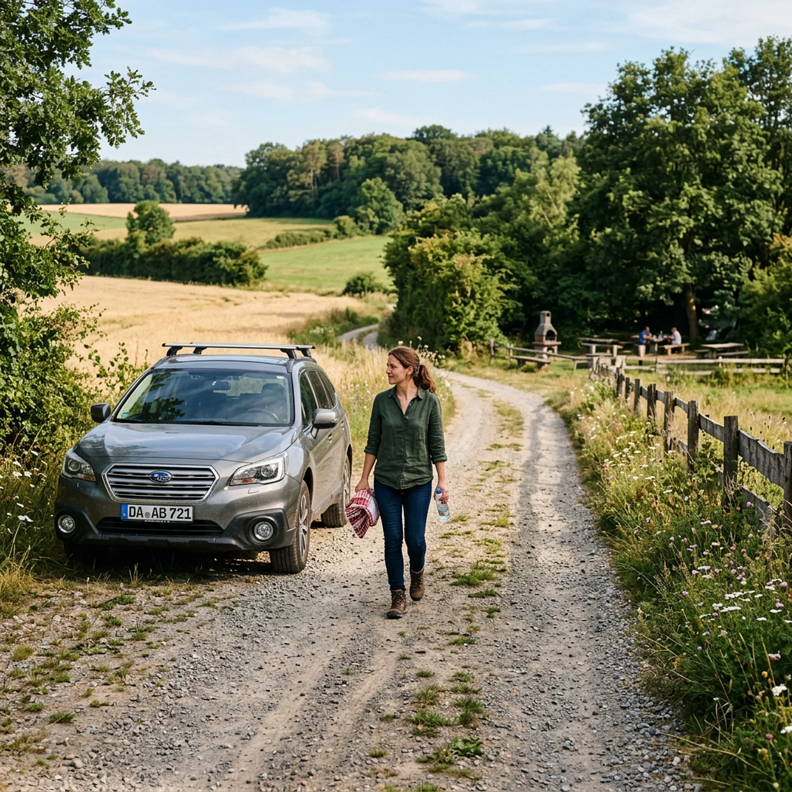 Eine Frau trägt Grillgut und Getränk an einem Auto vorbei über einen Feldweg zu einem Grillplatz im Grünen.