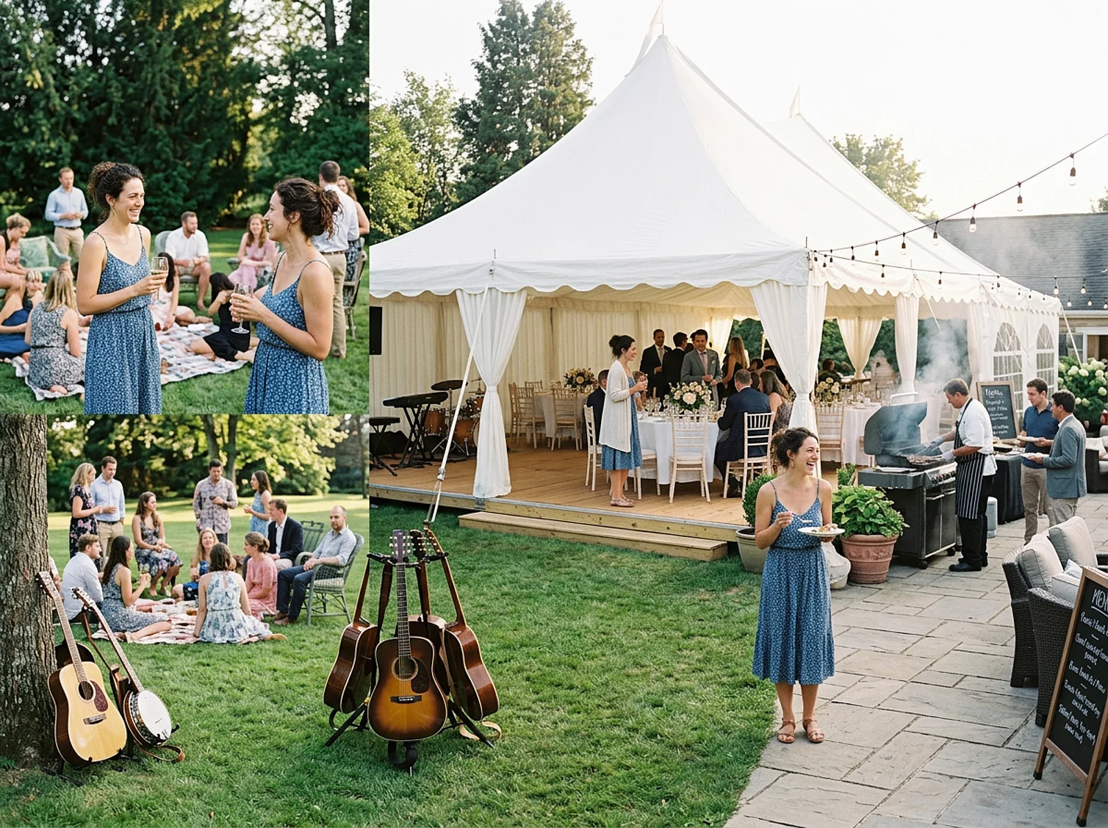 Collage eines Veranstaltungsbereichs mit Gartenfest, Festzelt und Grillabend auf der Terrasse