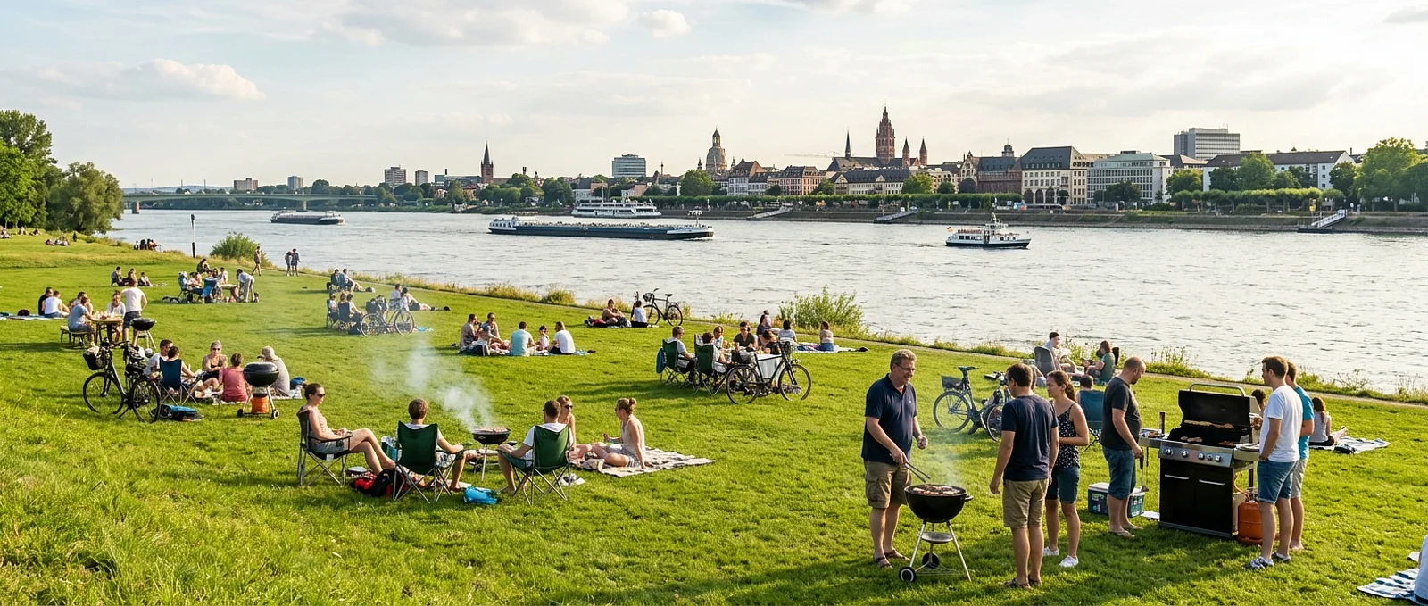 Beim Grillen in Bonn sitzen Menschen auf einer Rheinwiese; Boote fahren vorbei, und gegenüber liegt die Stadtsilhouette.
