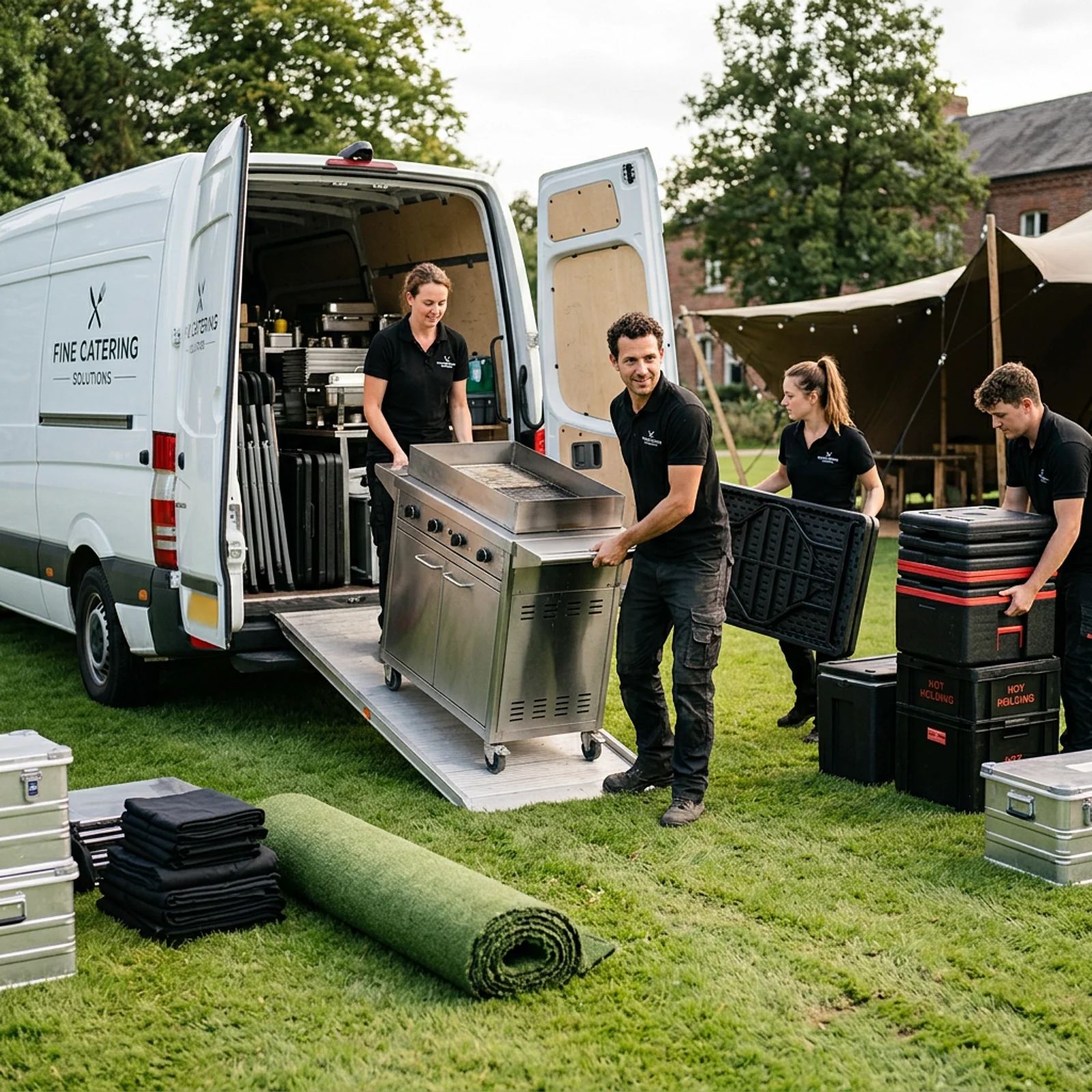 Vier Mitarbeitende bringen einen mobilen Grill und Cateringmaterial aus einem Transporter auf einer Wiese.