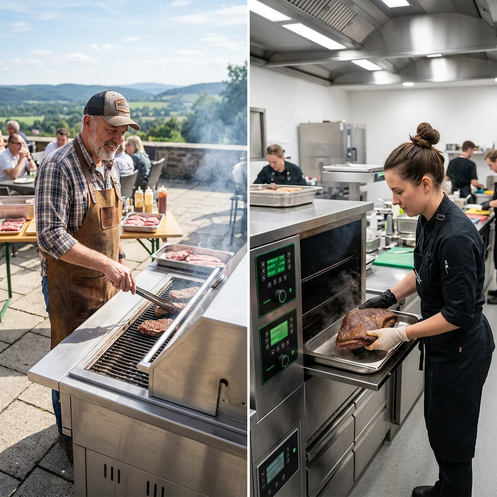 Grillstation auf sonniger Terrasse und Räucherstation in moderner Eventküche