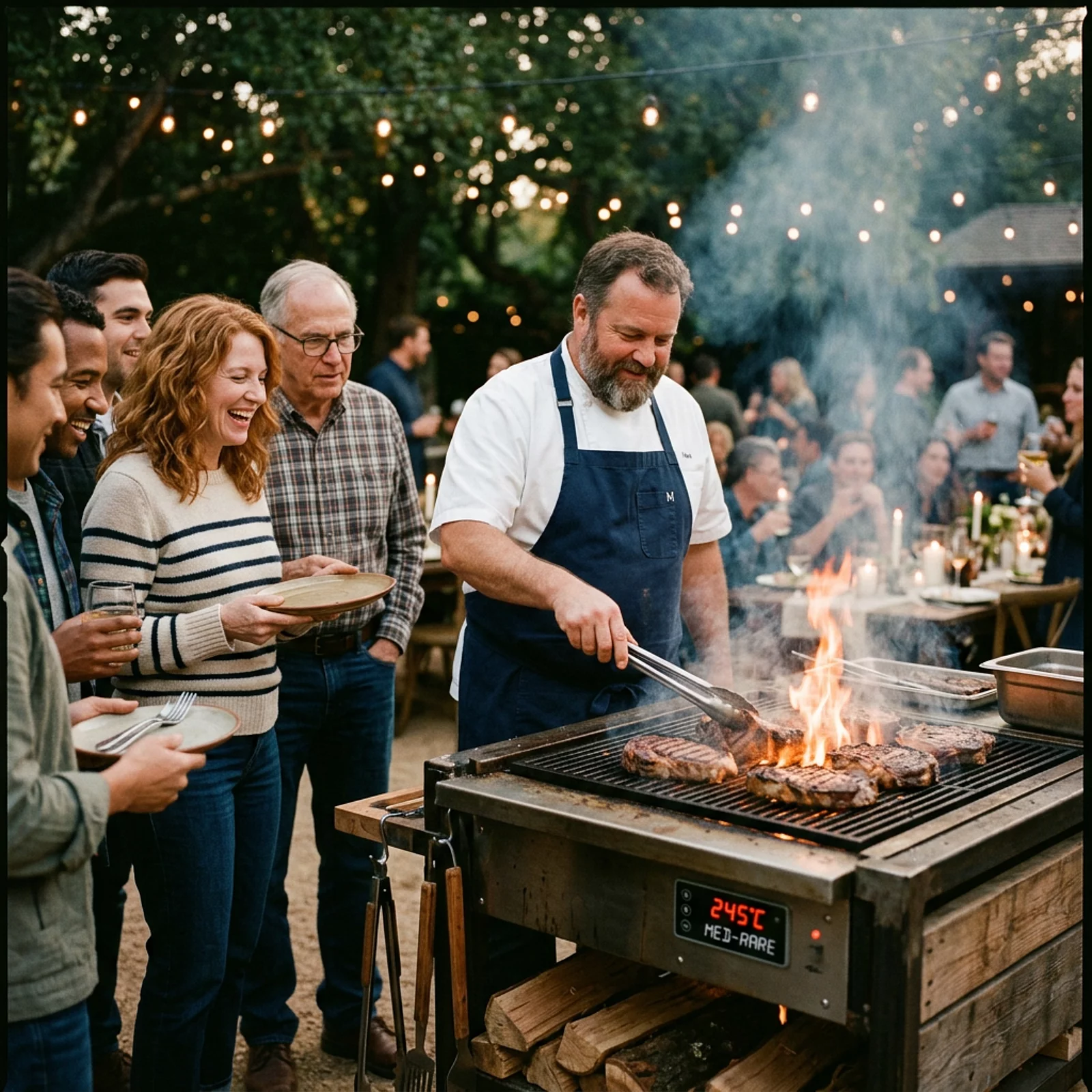 Koch wendet Steaks am offenen Grill, während Gäste mit Tellern zusehen.