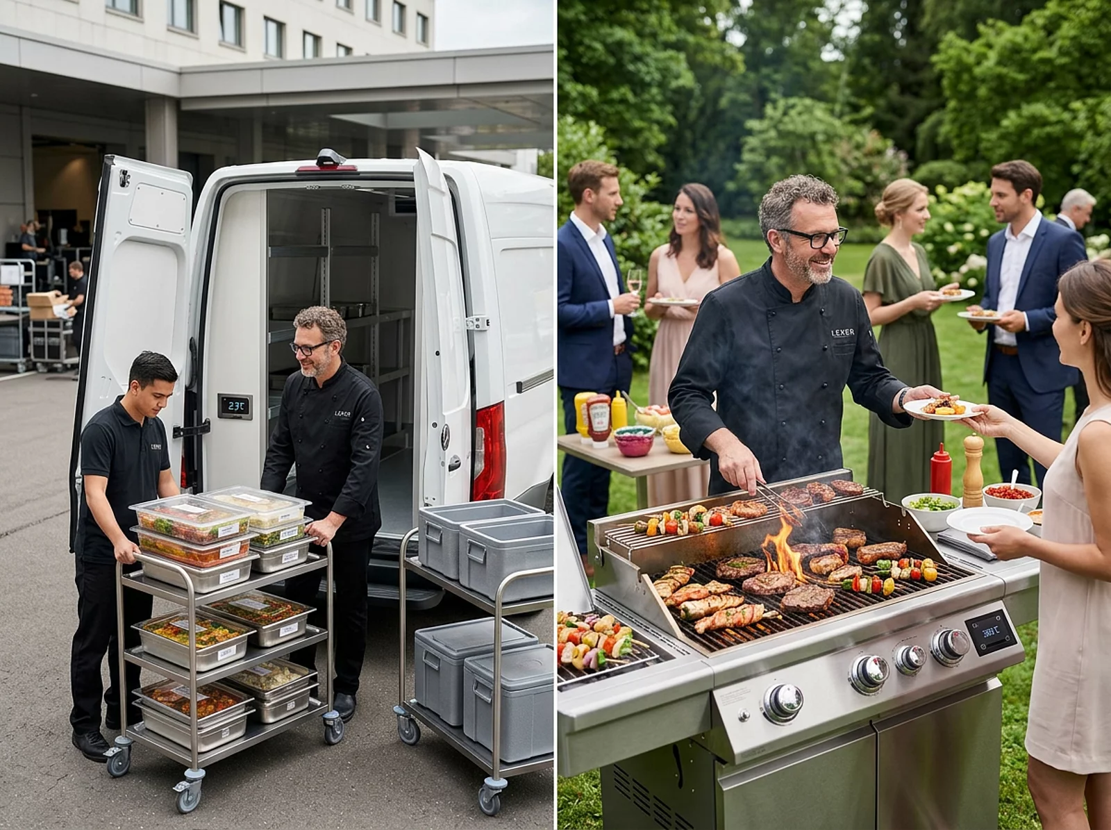 Catering-Lieferwagen und grillender Koch vor Gästen im direkten Vergleich