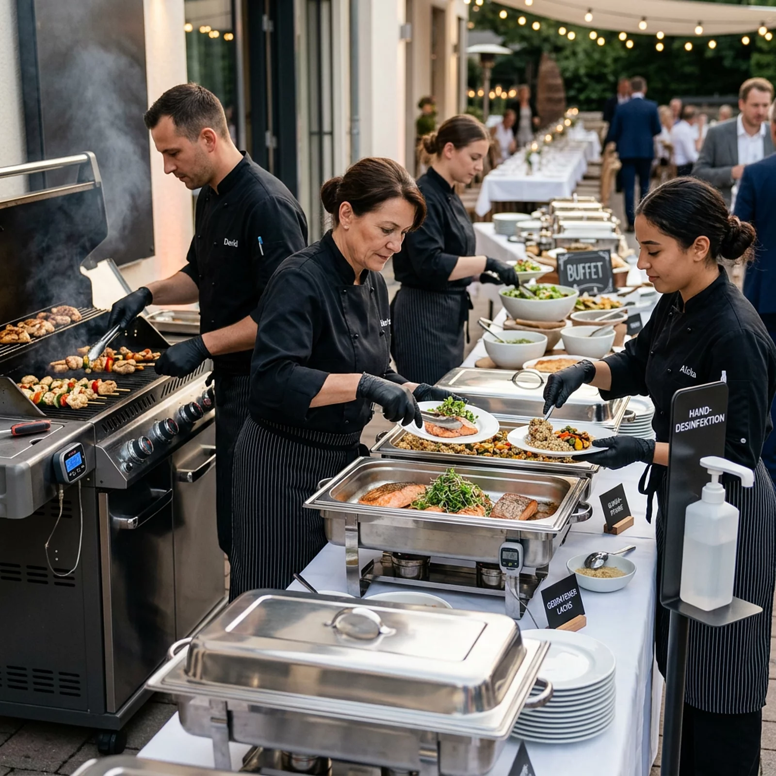 Uniformiertes Catering-Team bereitet gemeinsam Speisen an einem Buffet zu.