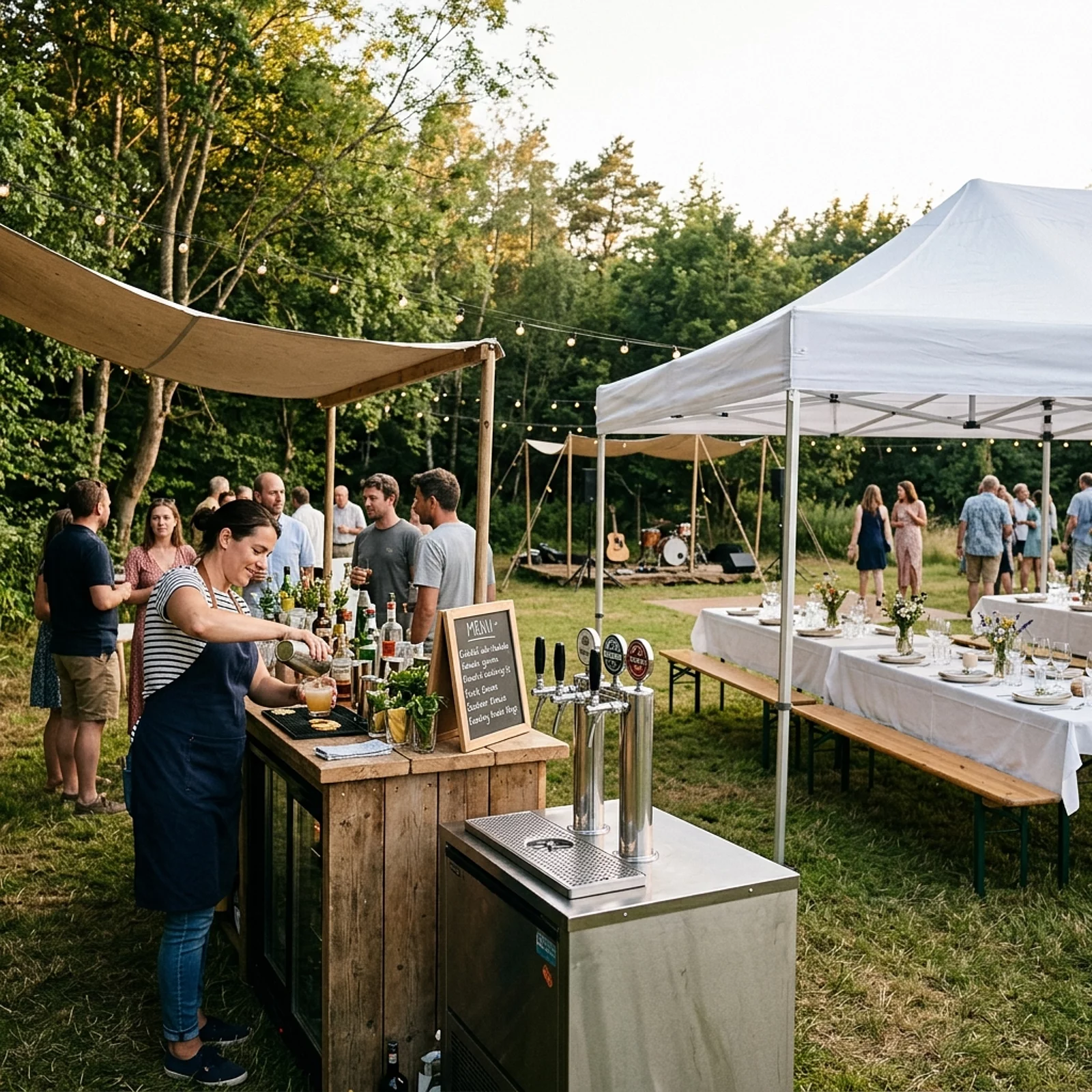 Bartender an einer Getränkebar auf einem Outdoor-Event mit Bierzapfanlage und gedeckten Tischen