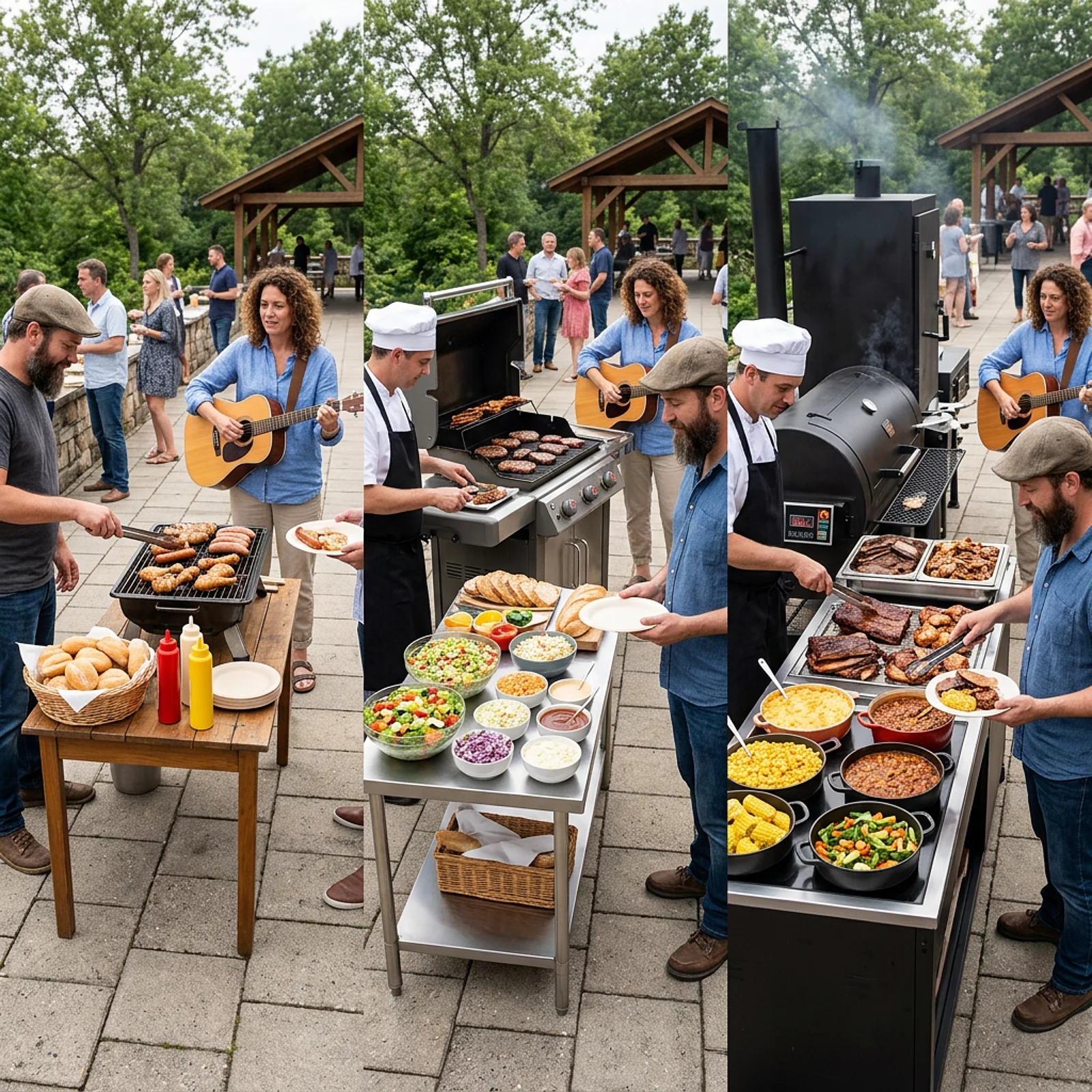 Drei Grillbuffets nebeneinander, vom einfachen Grill bis zur Premium-Station mit Smoker.