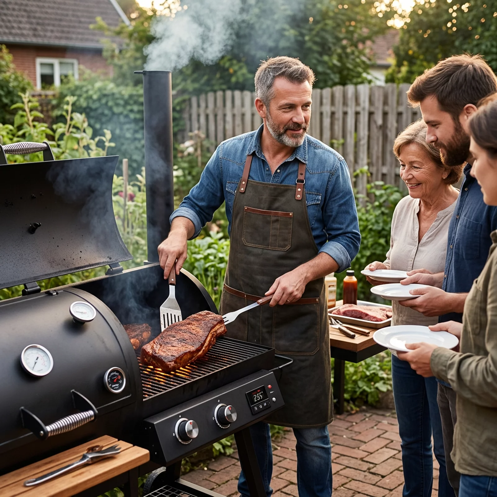 Koch wendet Fleisch am Holzkohlegrill vor aufmerksam zuschauenden Gästen.