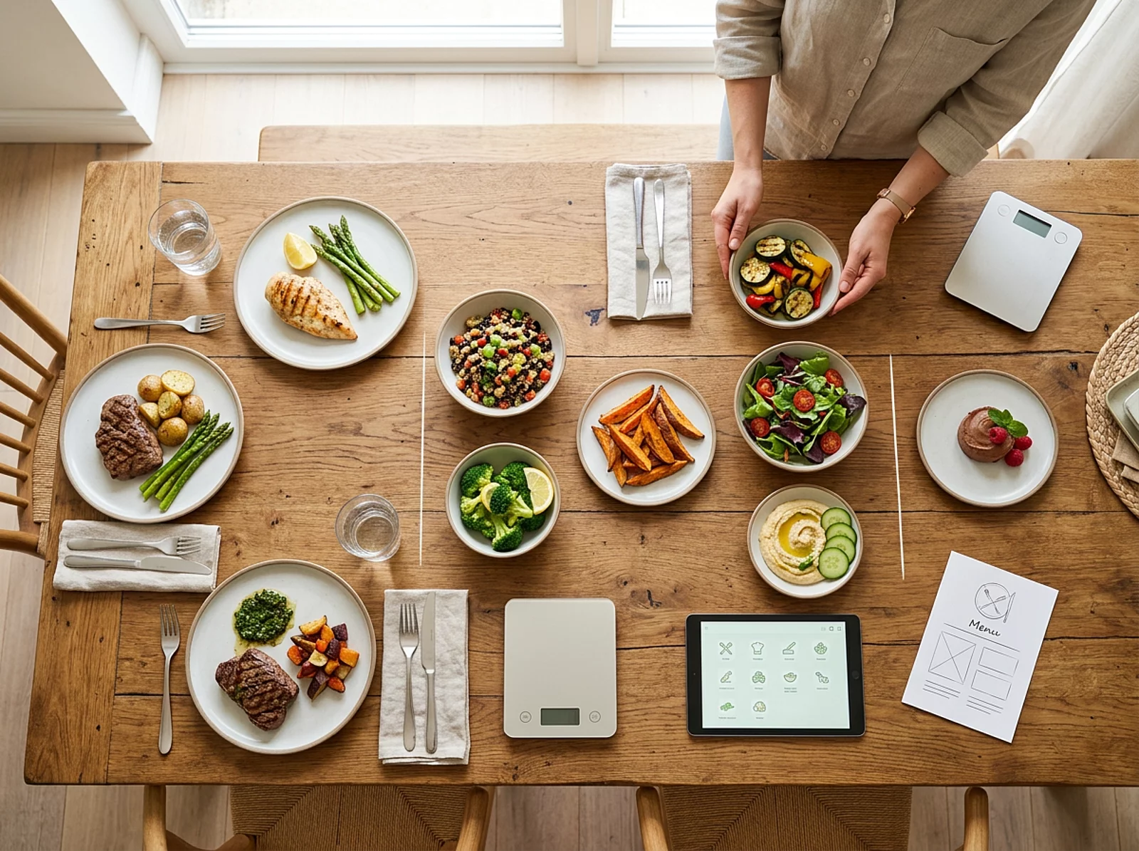 Portionierte Teller mit gegrillten Hauptgerichten, Beilagen und Dessert auf einem Holztisch