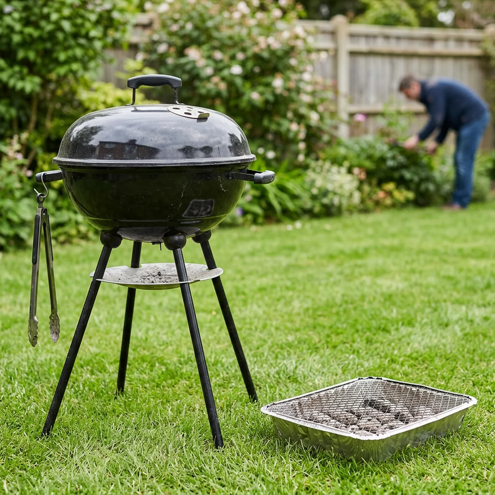 Ein Kugelgrill steht im Garten, daneben liegt ein Einweggrill auf dem Rasen; eine Person arbeitet im Hintergrund.