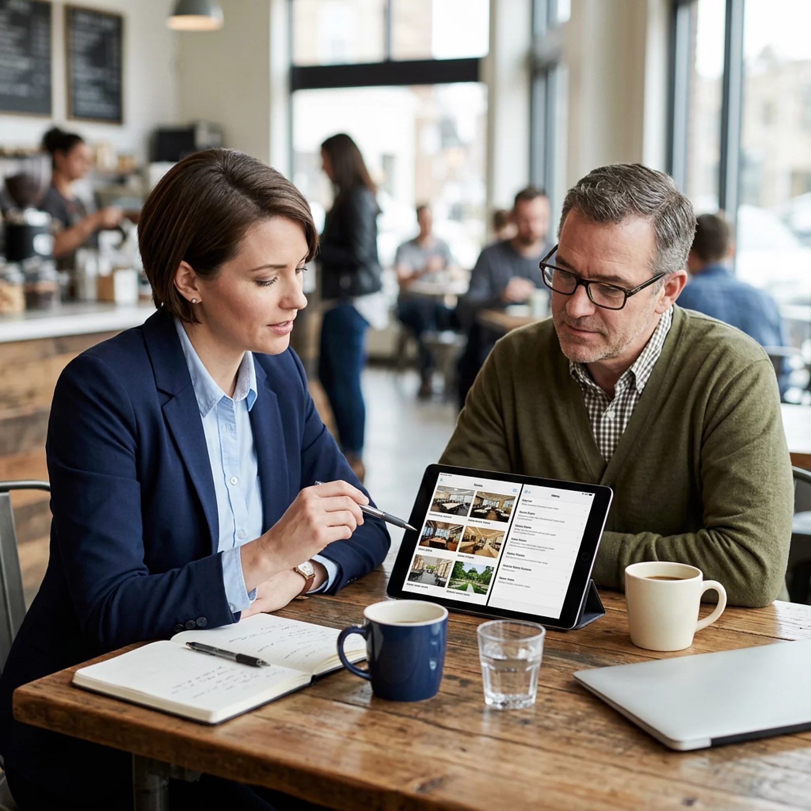 Berater und Kunde betrachten gemeinsam ein Tablet mit Menüoptionen und Veranstaltungsfoto am Tisch.