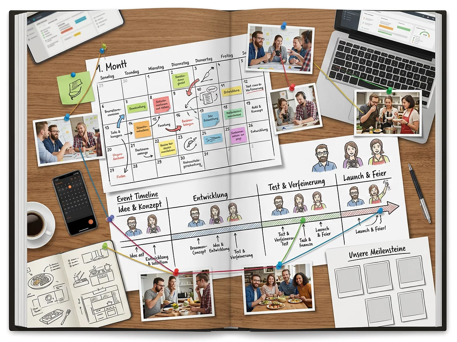 Kalender und Zeitplan-Skizze mit Laptop, Smartphone und angehefteten Essensfotos