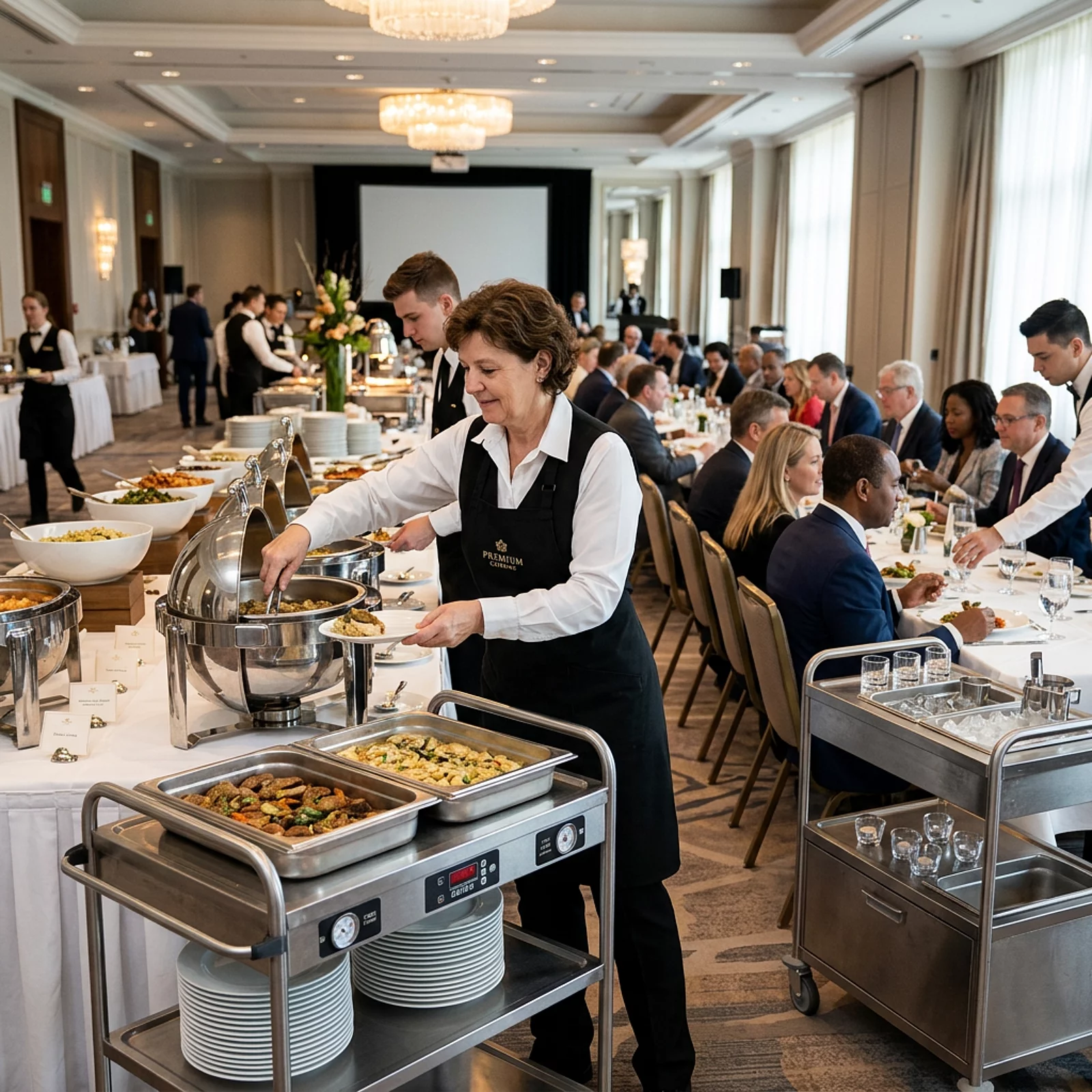 Uniformiertes Cateringpersonal füllt Buffettabletts auf und serviert Gästen Getränke.
