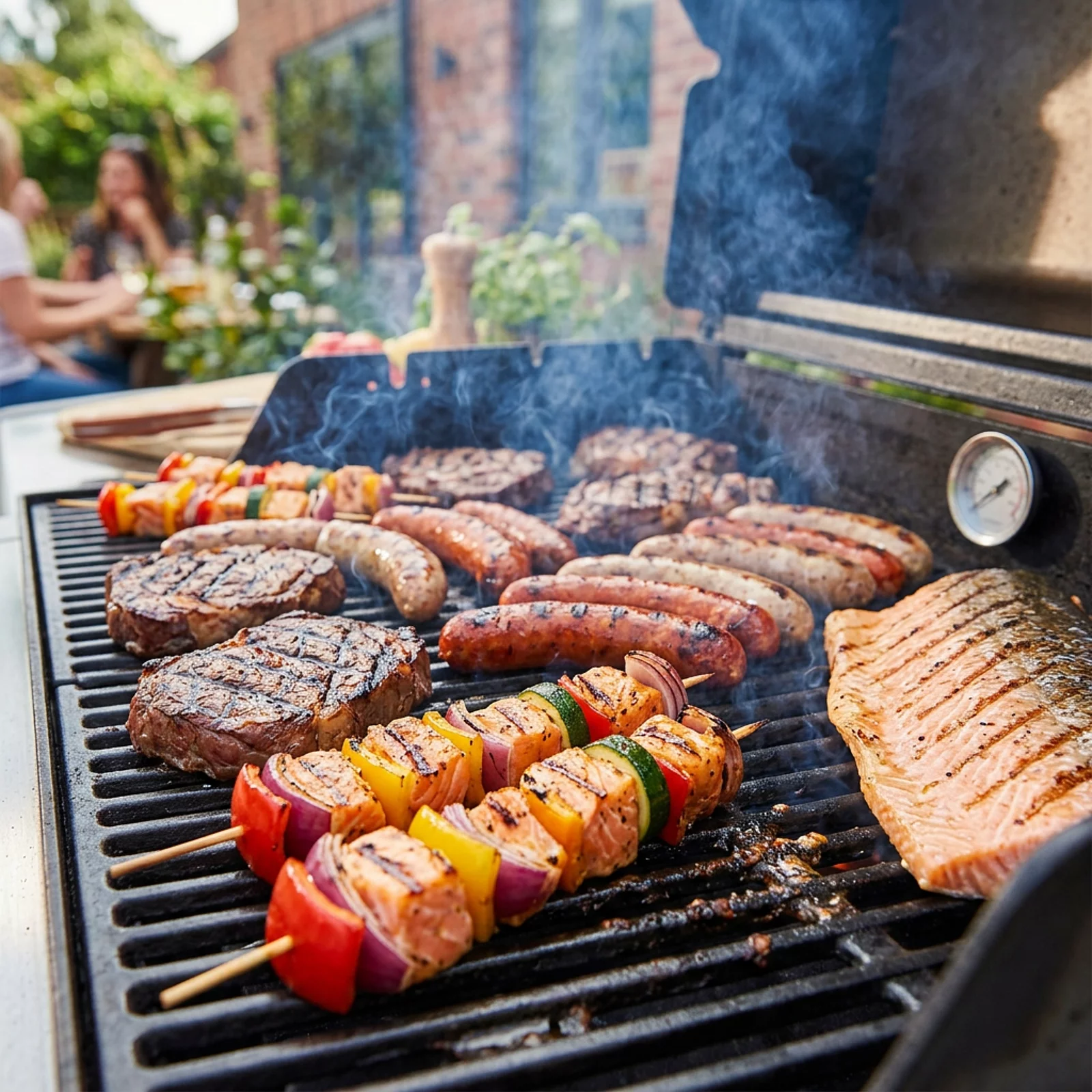Gegrillte Steaks, Würstchen, Spieße und Lachsfilet auf rauchendem Grillrost