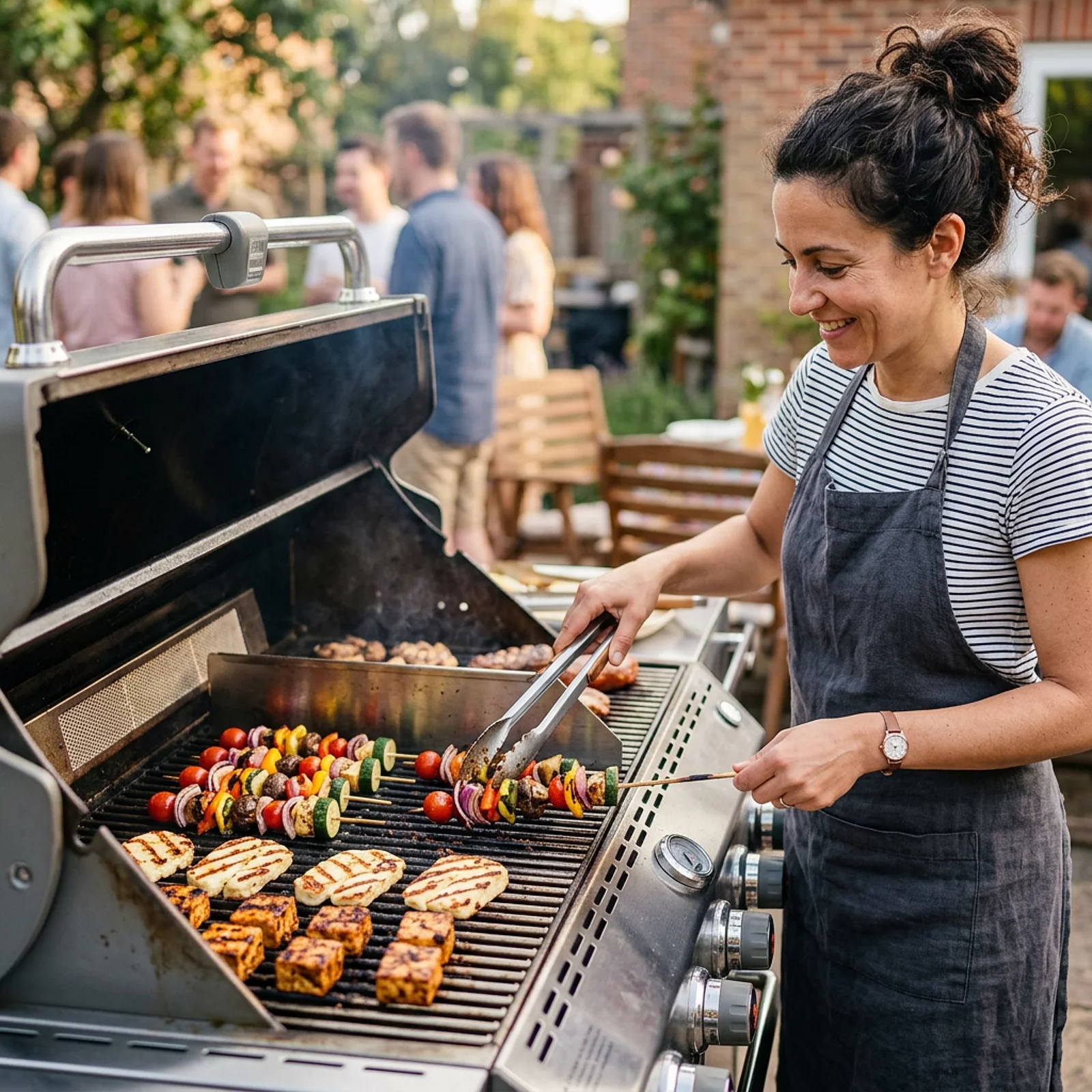 Vegetarischer Grillbereich mit Gemüsespießen, Halloumi und Tofu auf dem Grill.
