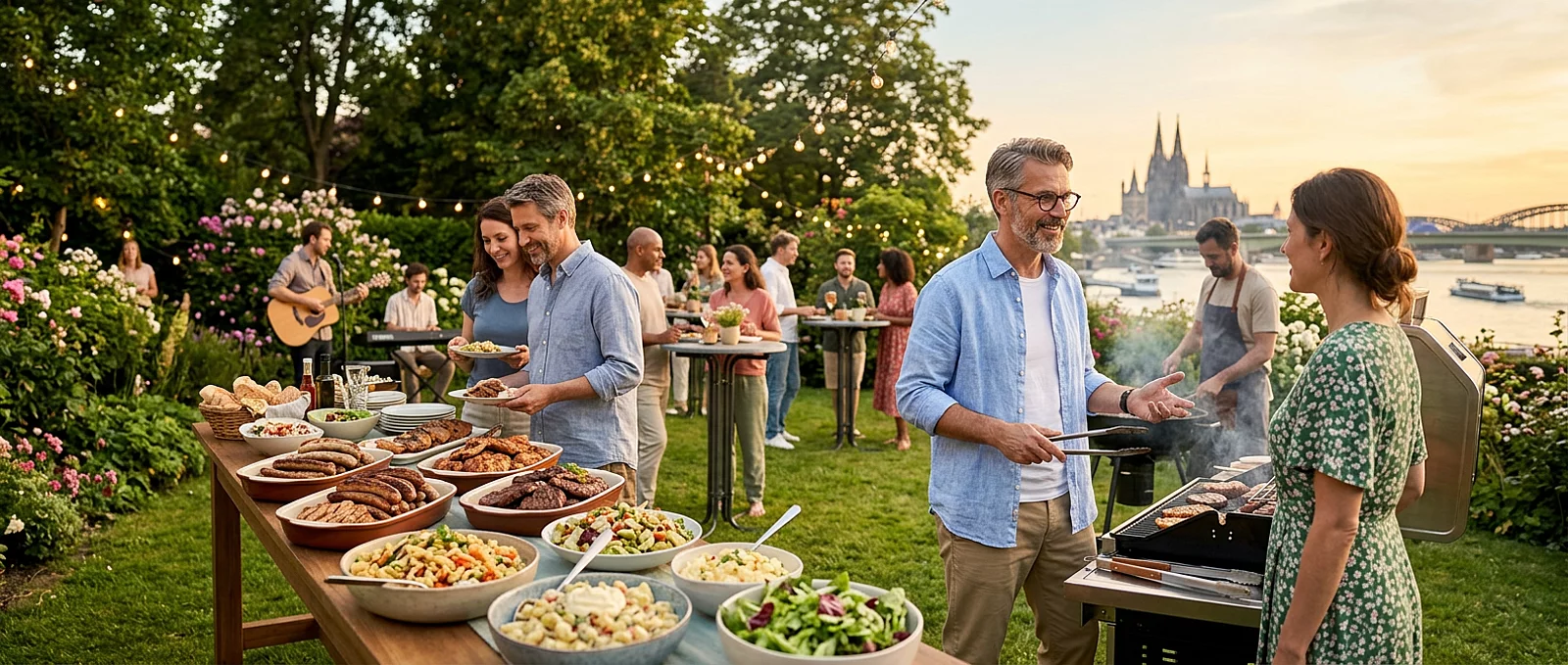 Gartenparty mit Grillbuffet, Gästen und Kölner Skyline im Hintergrund