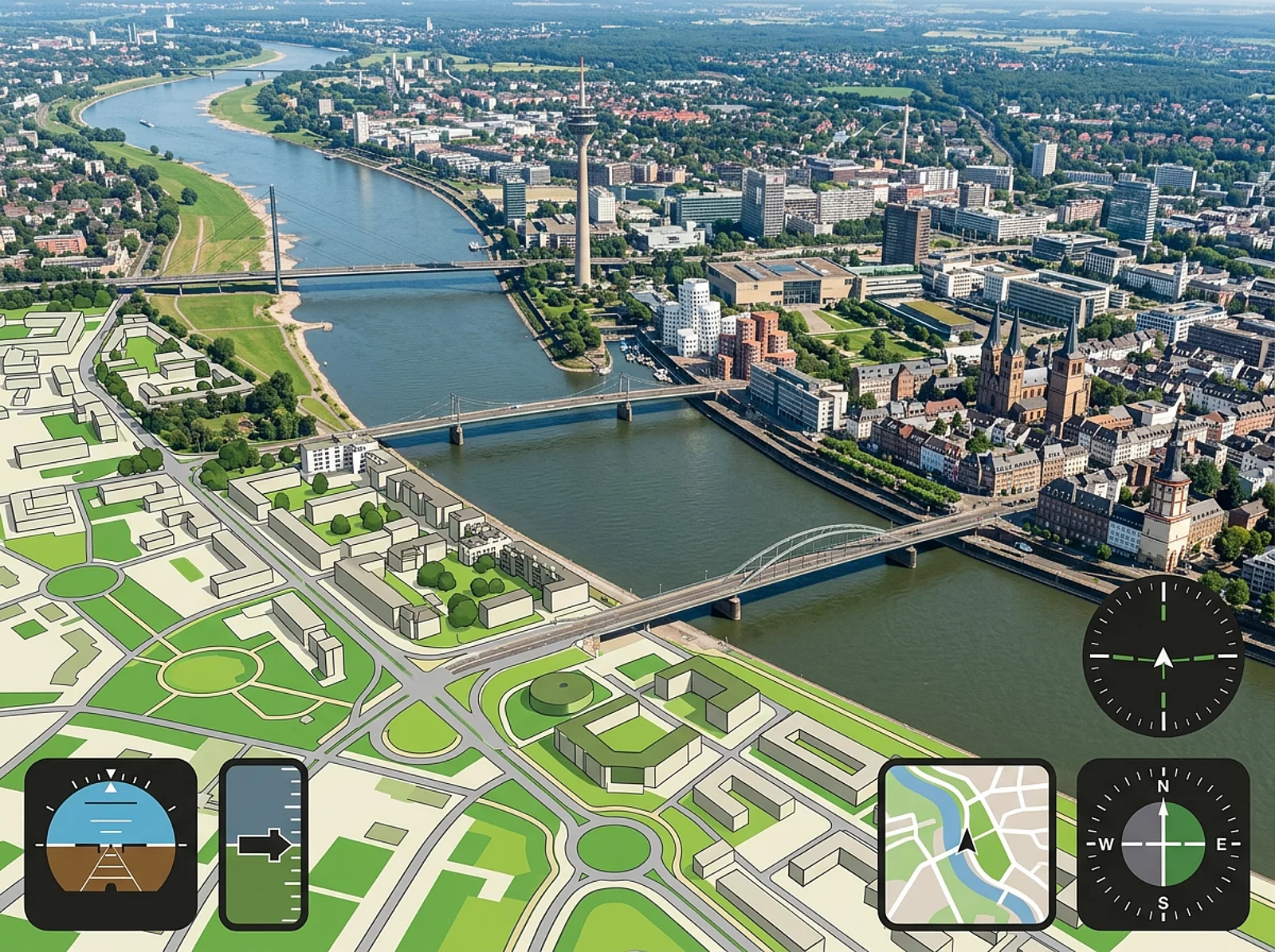 Luftaufnahme der Düsseldorfer Rheinufer-Skyline mit Rhein und grünen Vororten.