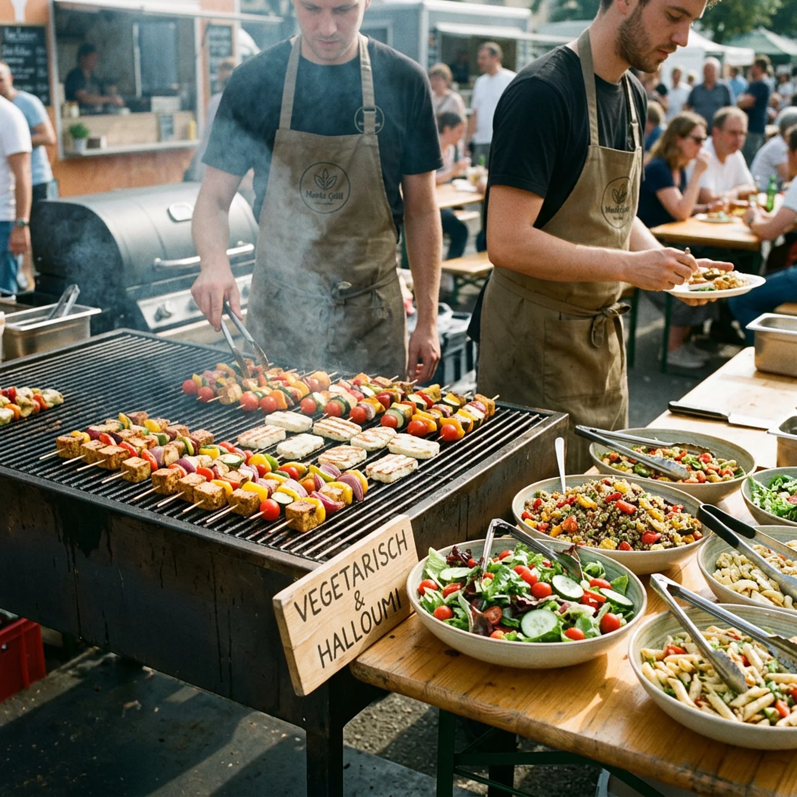 Getrennter Grillbereich mit Tofu-, Halloumi- und Gemüsespießen sowie frischen Salaten