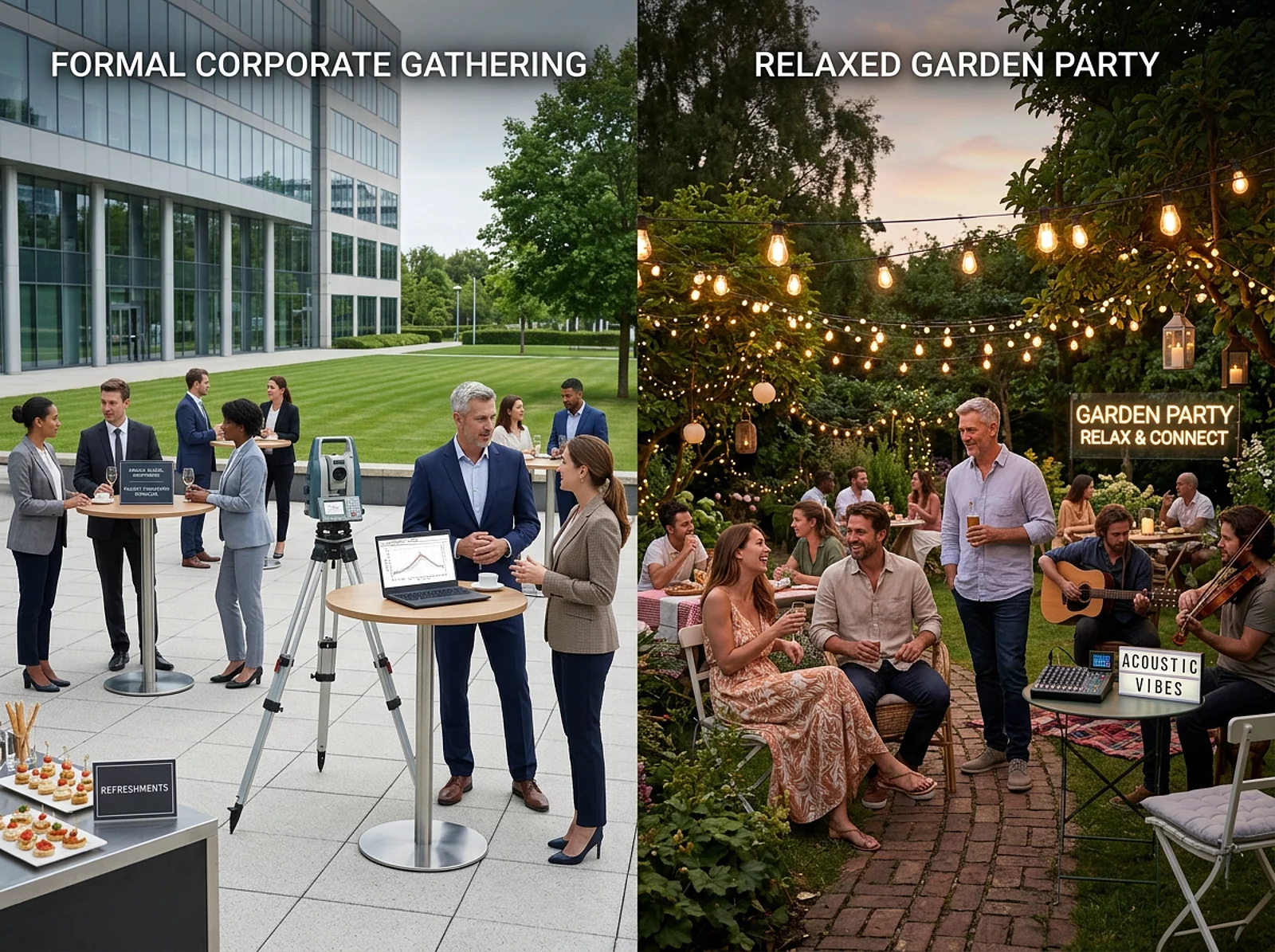 Geteilte Szene: formeller Firmenevent trifft auf entspannte Gartenparty unter Lichterketten.