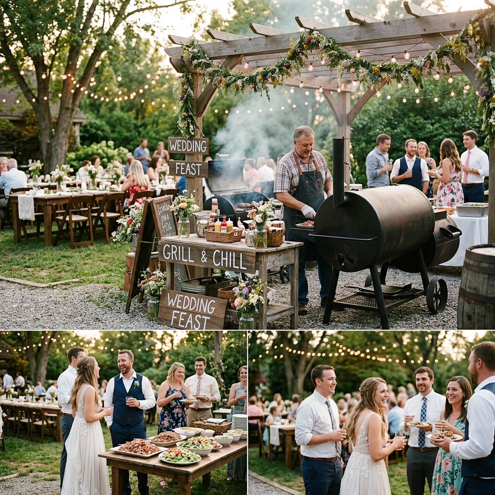 Fröhliche Hochzeitsfeier im Freien mit dekorierter Grillstation und Lichterketten