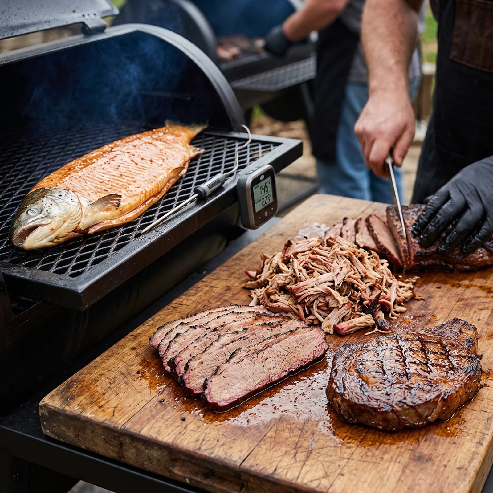 Holzbrett mit Rinderbrust, Pulled Pork, Rib-Eye-Steak und Lachsfilet im Smoker