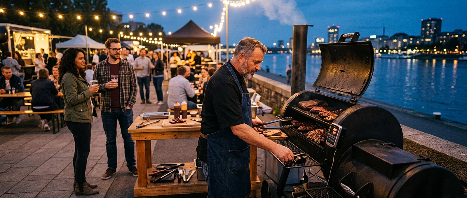Grillchef betreut einen großen Smoker bei einem Abendfest am Fluss vor der Stadtkulisse