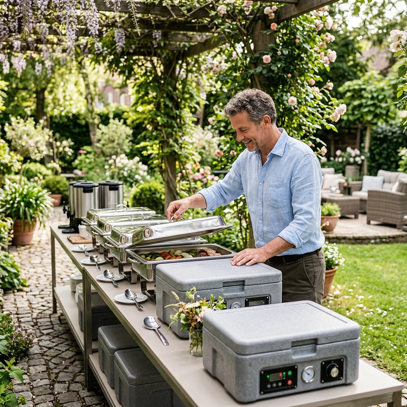 Gast richtet geschlossene Warmhaltebehälter auf einem Buffet im Garten an