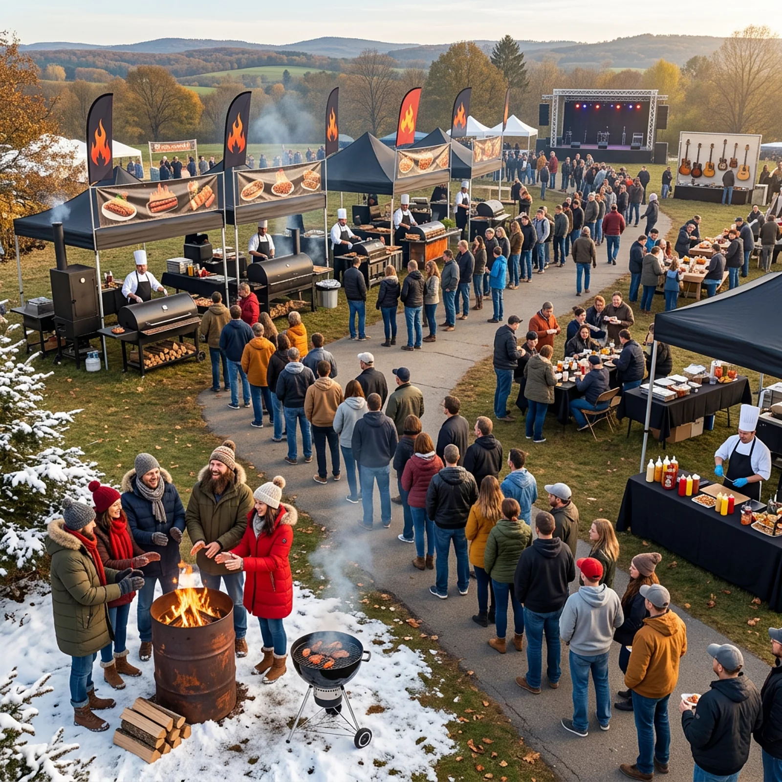 Festivalszene mit Grillständen, Warteschlangen und winterlichem Grillen am Feuerfass