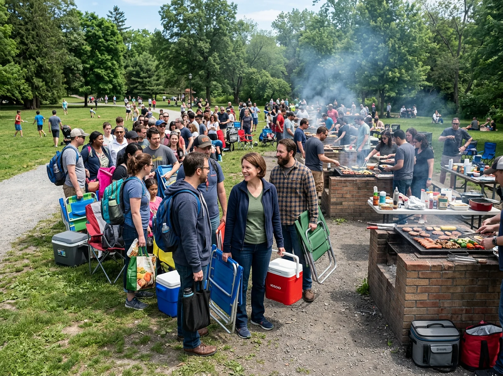 Auf einer vollen Wiese grillen viele Menschen an mehreren gemauerten Stellen, während Gäste mit Stühlen warten.