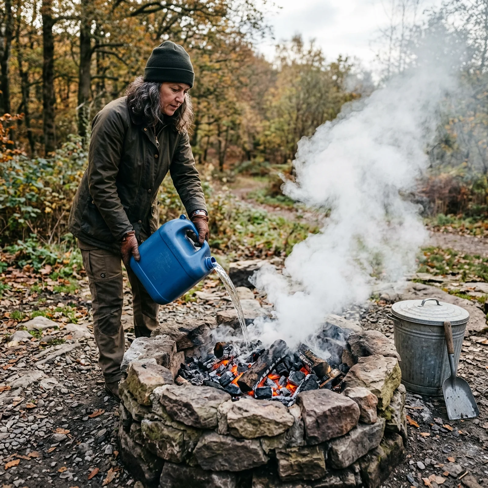 Eine Frau löscht eine rauchende Feuerstelle mit Wasser; daneben stehen ein Metalleimer und eine Schaufel.