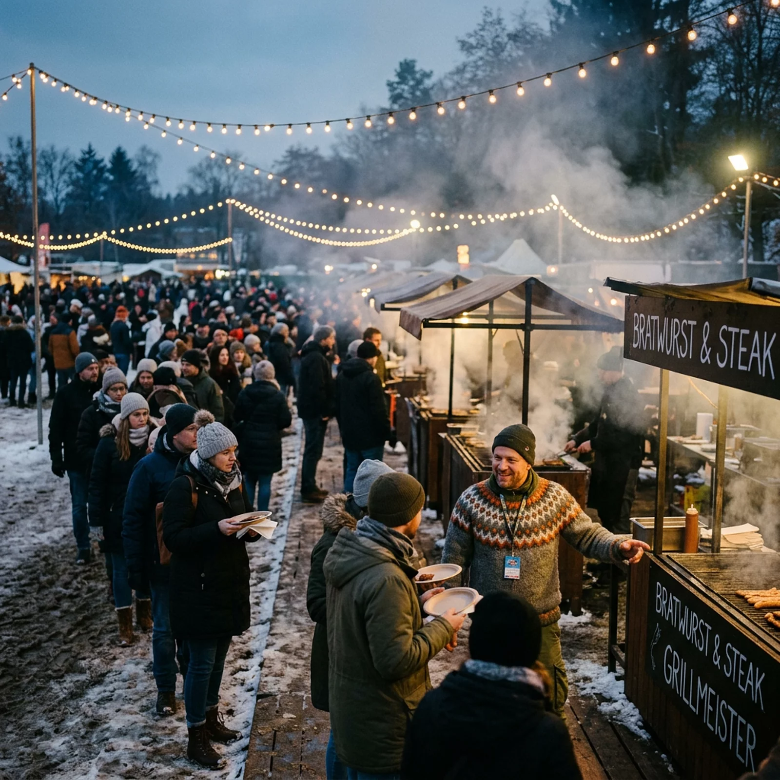 Winterliches Outdoor-Festival mit Grillständen, Warteschlangen und Lichterketten