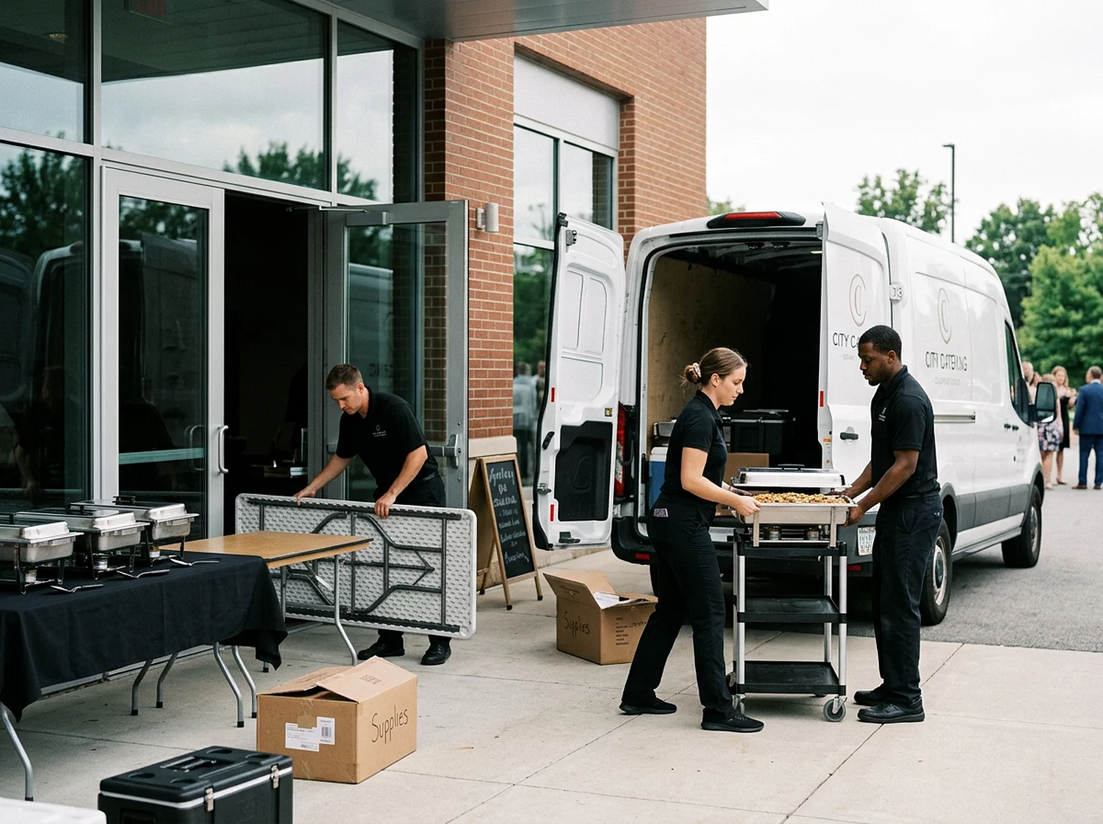 Catering-Team lädt Speisen und Klapptische aus einem Markenfahrzeug am Veranstaltungsort.