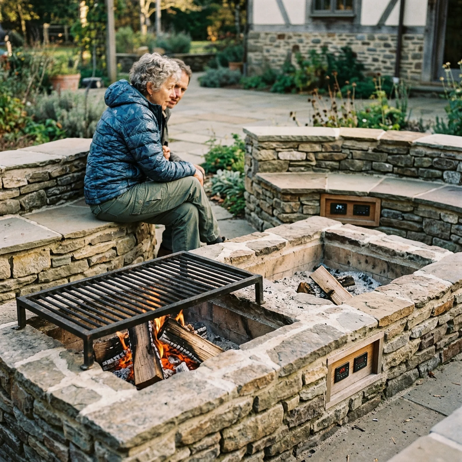 Eine Person sitzt neben einer gemauerten Feuerstelle mit glühendem Holz und aufgelegtem Grillrost.