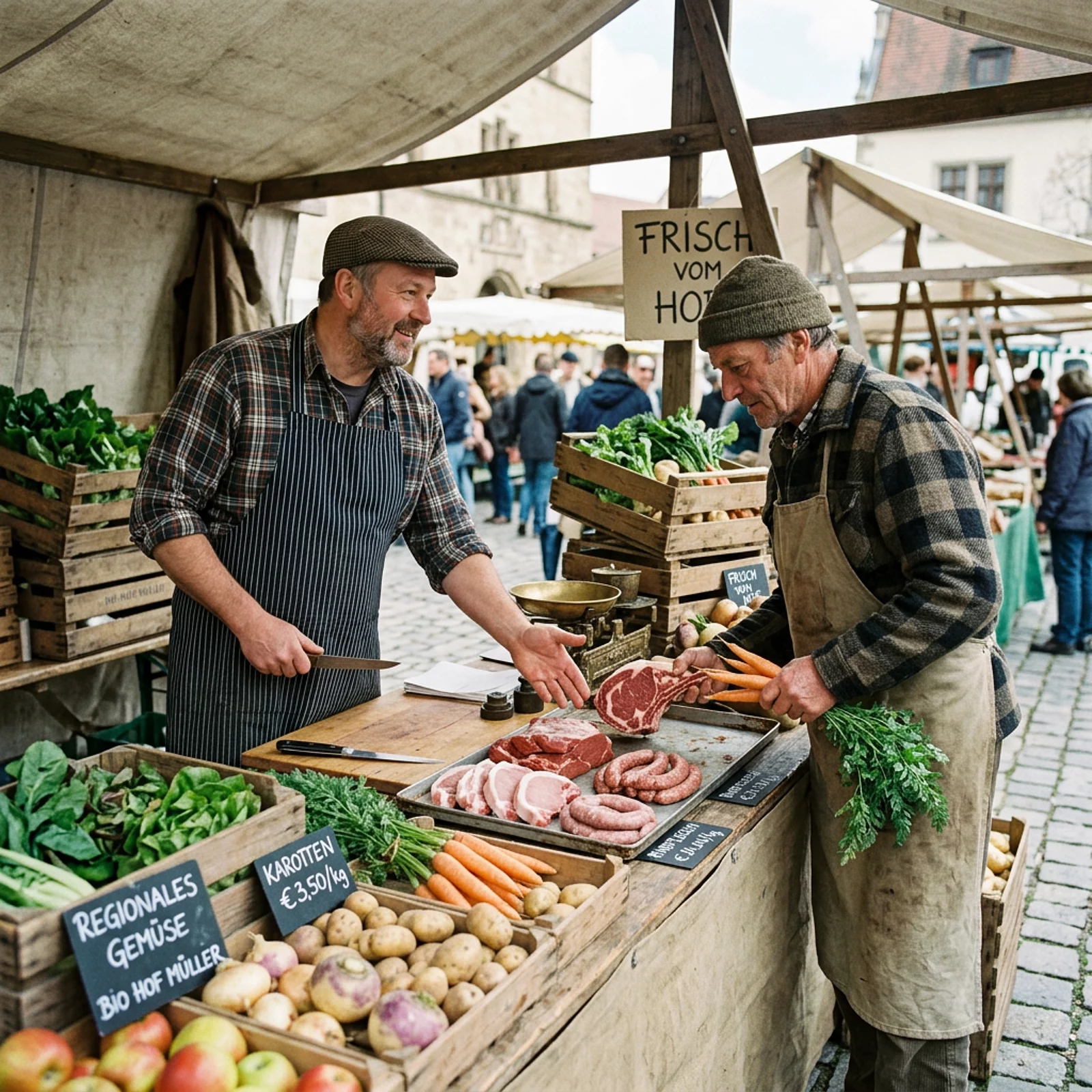 Metzger und Bauer begutachten Fleisch und Gemüse an einem Marktstand.