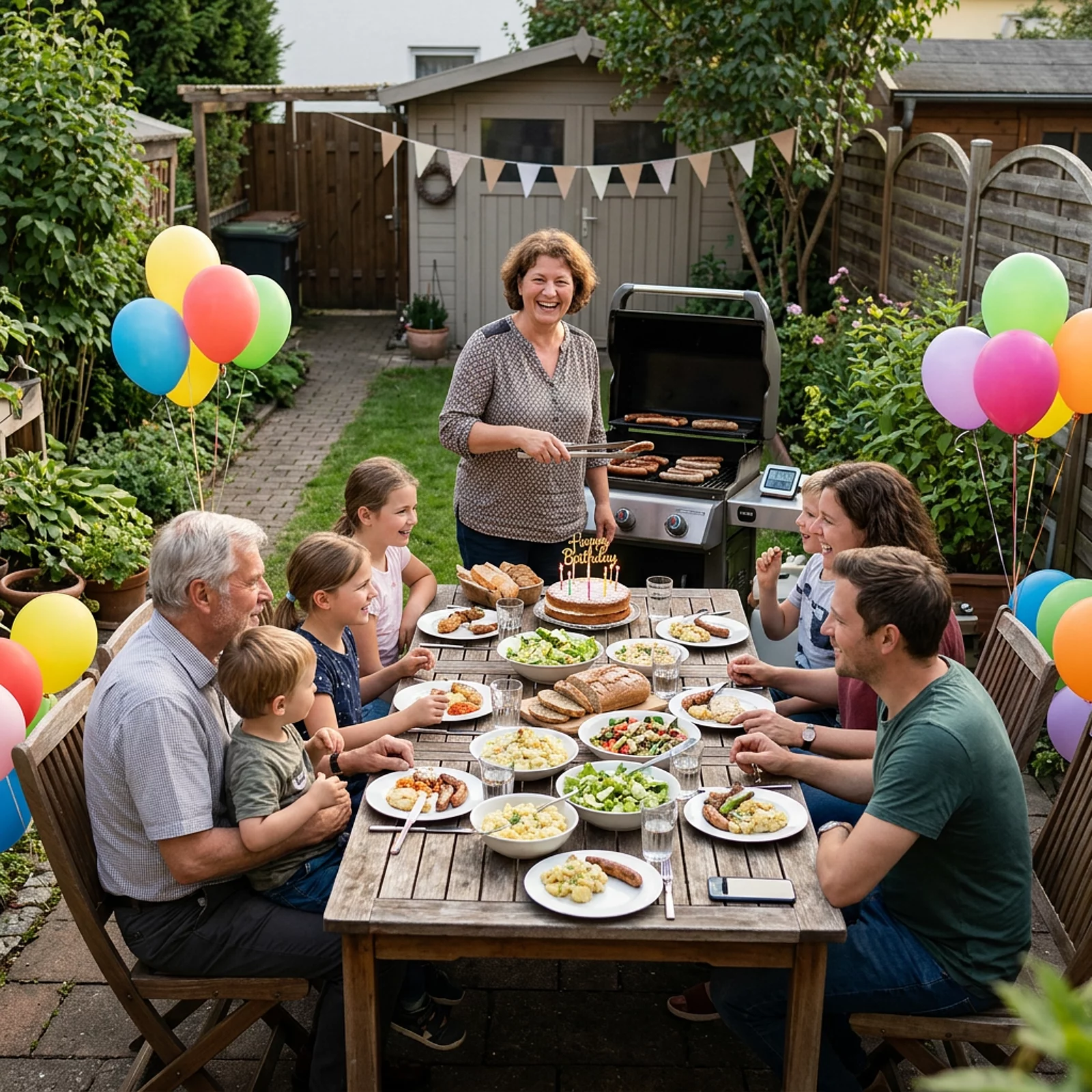 Familienfeier im Garten mit Grill, Luftballons und gedecktem Geburtstagstisch.